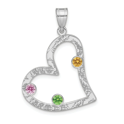 Sterling Silver Ss/Rhodium-Plated 3 Birthstone Heart With Ss Bezel Family Pendant