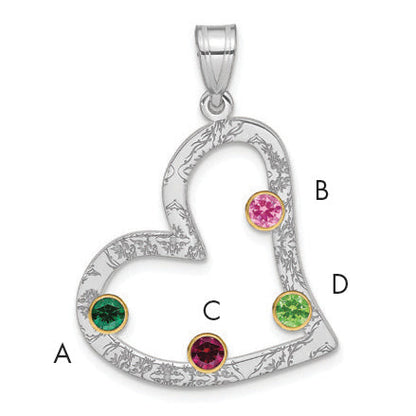 Sterling Silver Ss/Rhod-Plated 4 Birthstone Heart With 14K Bezel Family Pendant