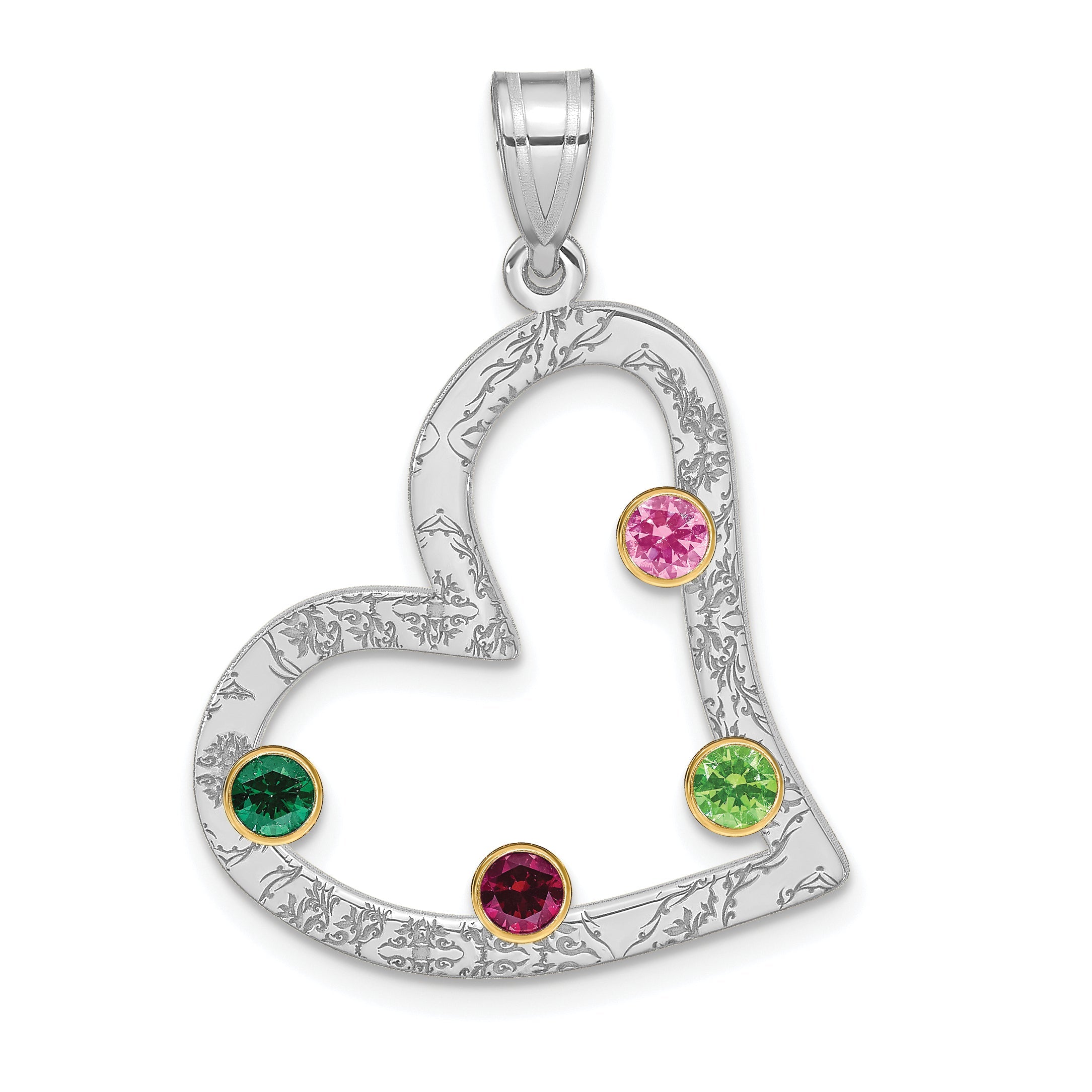 Sterling Silver Ss/Rhod-Plated 4 Birthstone Heart With 14K Bezel Family Pendant