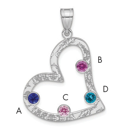 Sterling Silver Ss/Rhodium-Plated 4 Birthstone Heart With Ss Bezel Family Pendant