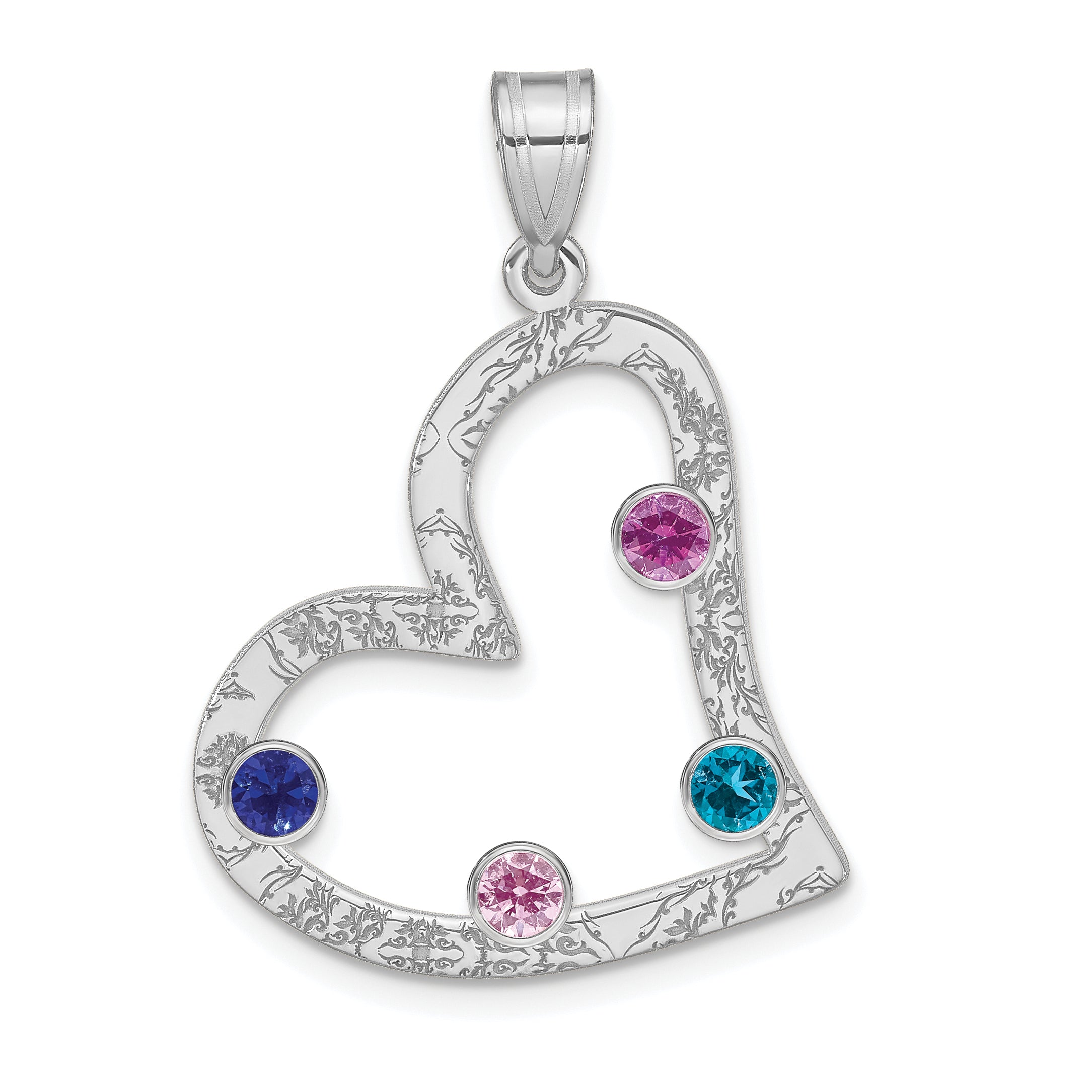 Sterling Silver Ss/Rhodium-Plated 4 Birthstone Heart With Ss Bezel Family Pendant