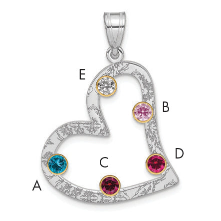 Sterling Silver Ss/Rhod-Plated 5 Birthstone Heart With 14K Bezel Family Pendant