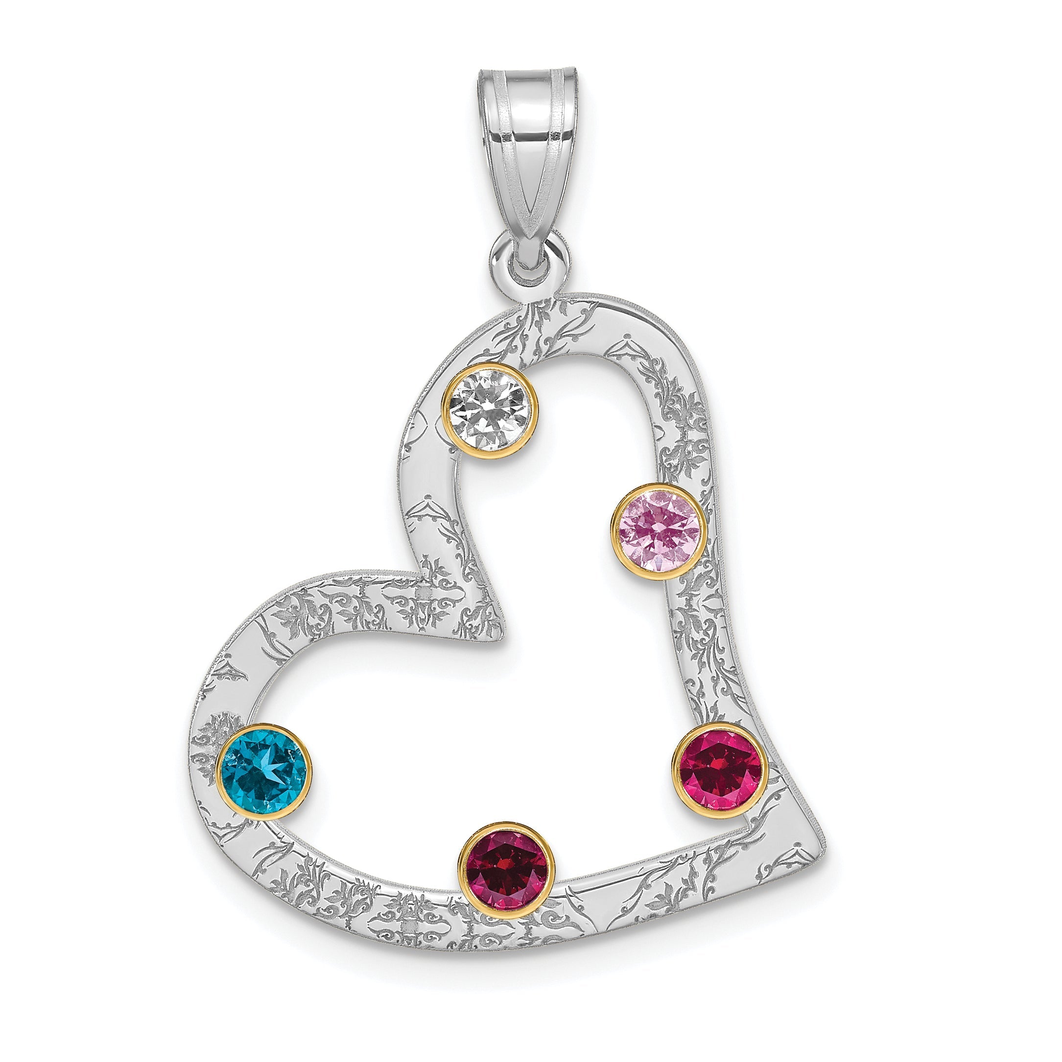 Sterling Silver Ss/Rhod-Plated 5 Birthstone Heart With 14K Bezel Family Pendant