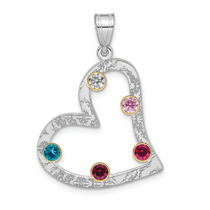 Sterling Silver Ss/Rhod-Plated 5 Birthstone Heart With 14K Bezel Family Pendant