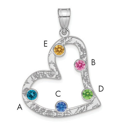 Sterling Silver Ss/Rhodium-Plated 5 Birthstone Heart With Ss Bezel Family Pendant