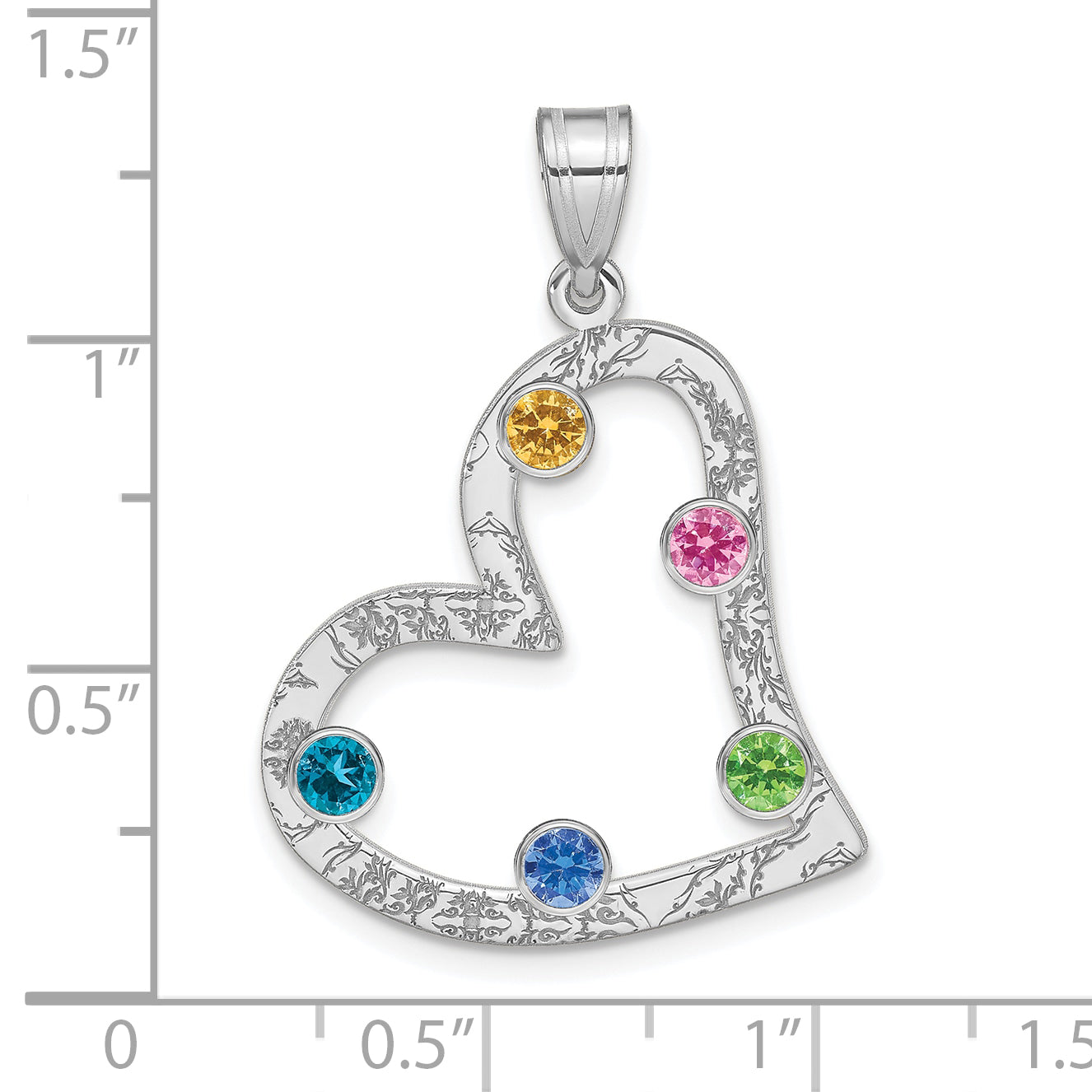 Sterling Silver Ss/Rhodium-Plated 5 Birthstone Heart With Ss Bezel Family Pendant
