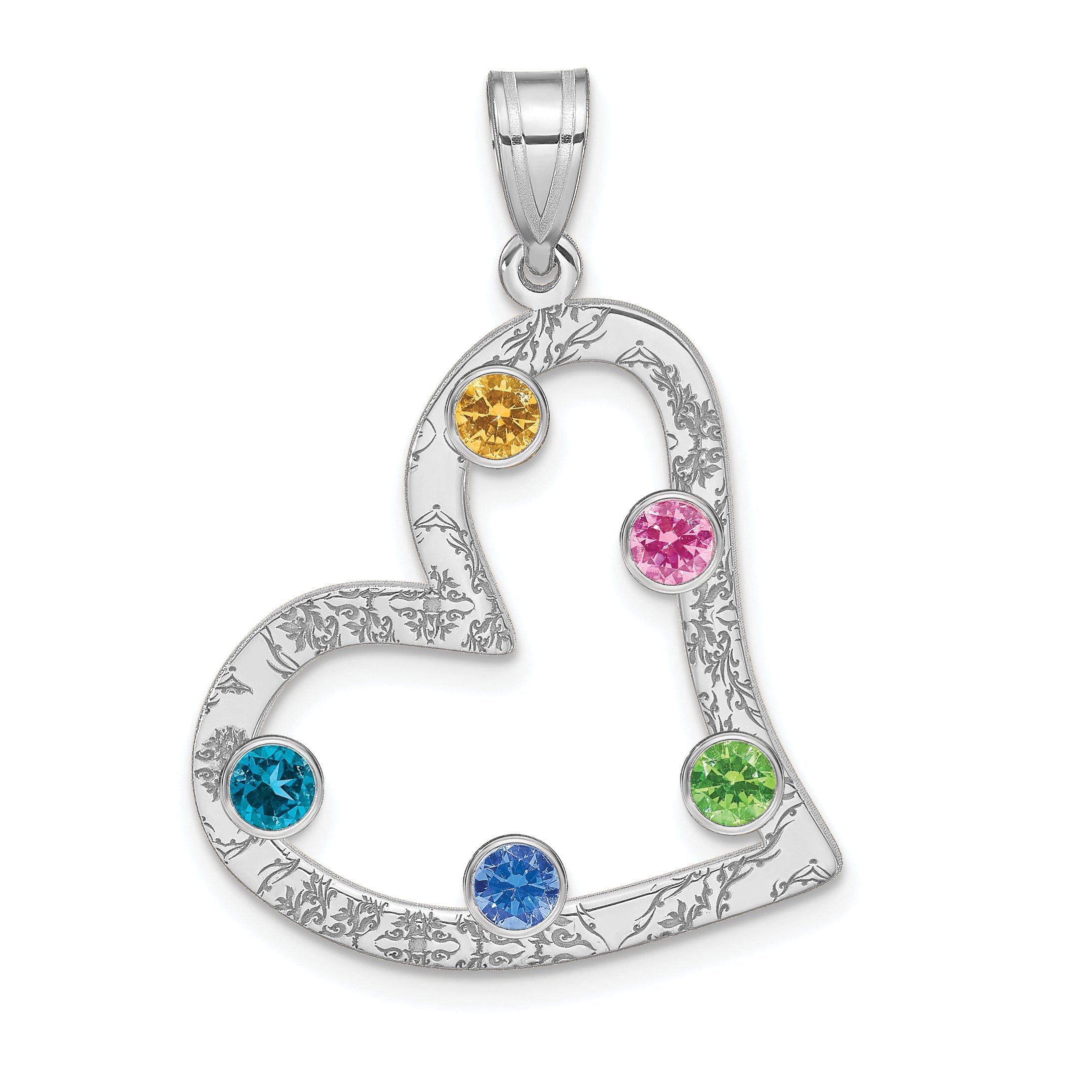 Sterling Silver Ss/Rhodium-Plated 5 Birthstone Heart With Ss Bezel Family Pendant