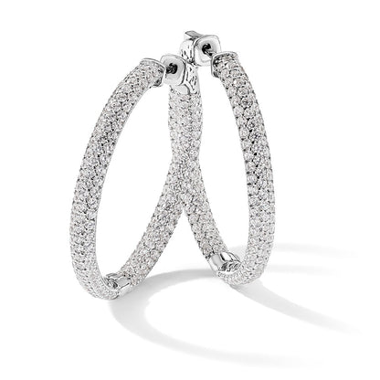 Sterling Silver Shimmer Rhodium-Plated 304 Stone Pav 1.5mm Cz In And Out Round Hinged Hoop Earrings