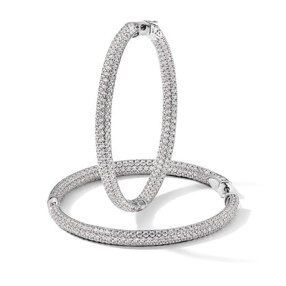 Sterling Silver Shimmer Rhodium-Plated 460 Stone Pav 1.5mm Cz In And Out Round Hinged Hoop Earrings