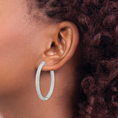 Sterling Silver Shimmer Rhodium-Plated 292 Stone Pav 1.5mm Cz In And Out Oval Hinged Hoop Earrings