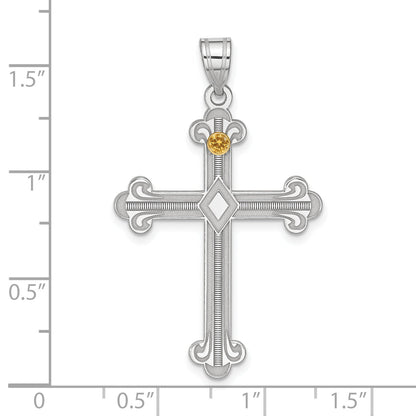 Sterling Silver Rh-Plt/14K Bezel Crystal Family Cross Pendant