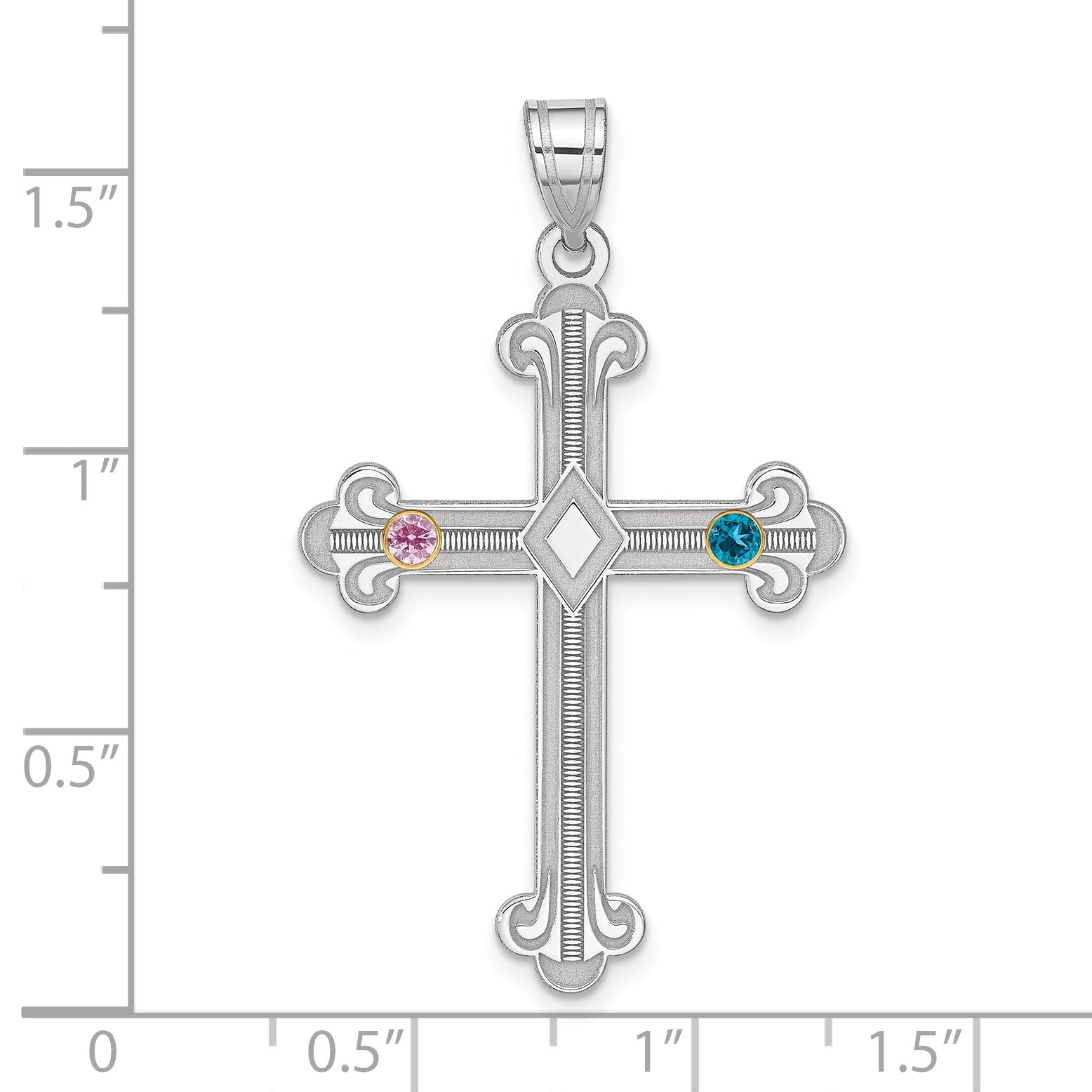 Sterling Silver Rh-Plt/14K Bezel Crystal Family Cross Pendant