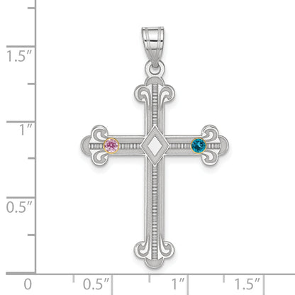 Sterling Silver Rh-Plt/14K Bezel Crystal Family Cross Pendant