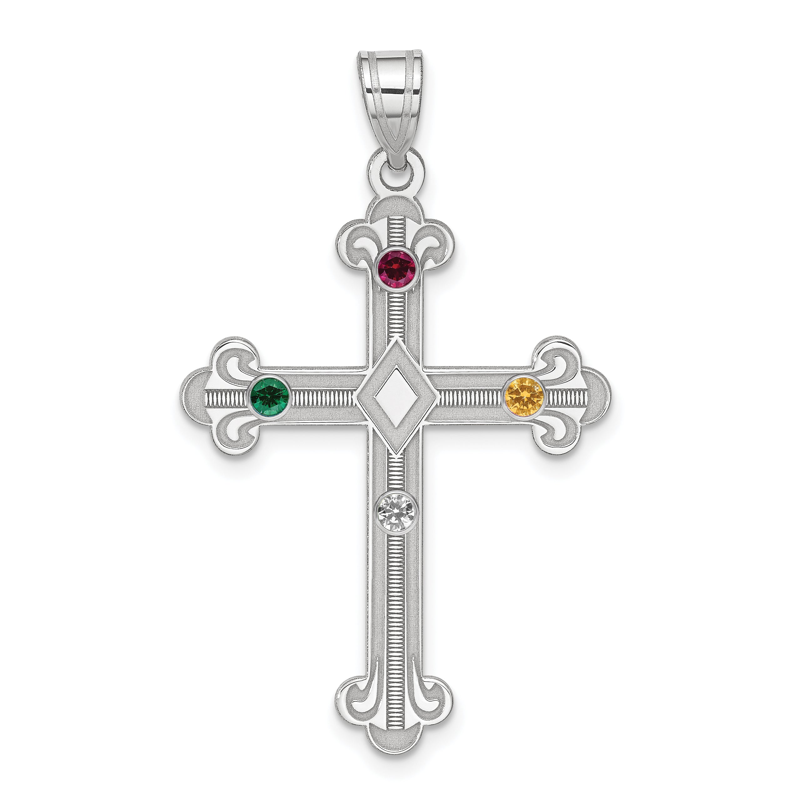 Sterling Silver Rh-Plt Crystal Family Cross Pendant