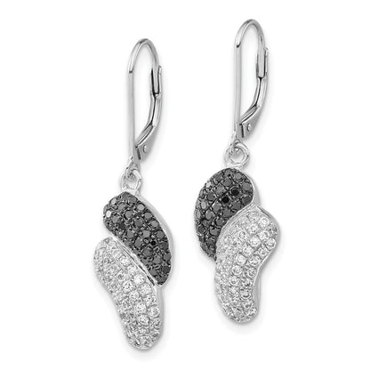 Sterling Silver Black & Clear Cz Leverback Dangle Earrings