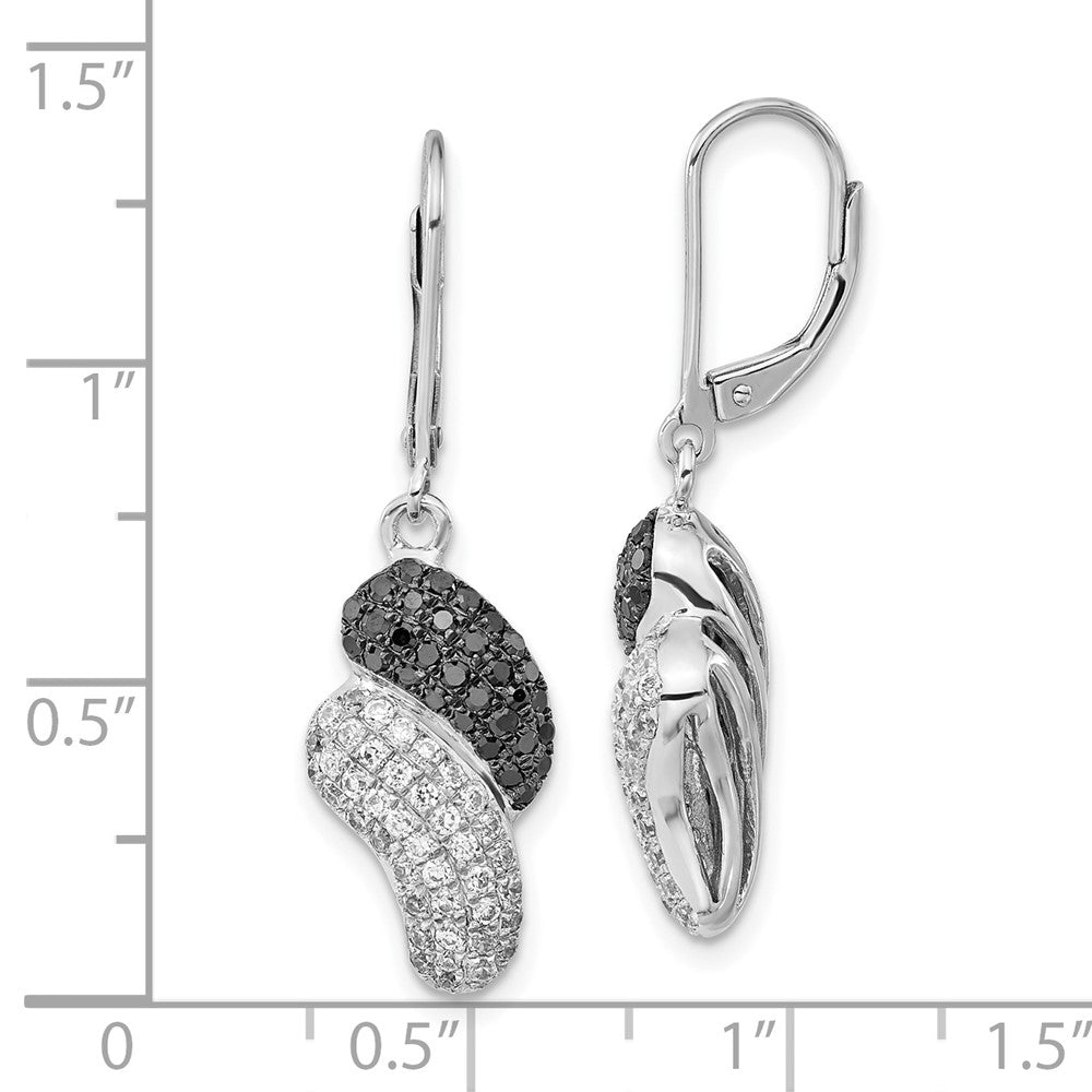 Sterling Silver Black & Clear Cz Leverback Dangle Earrings