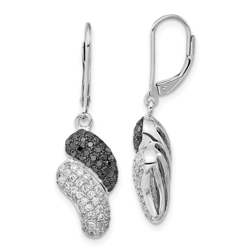 Sterling Silver Black & Clear Cz Leverback Dangle Earrings