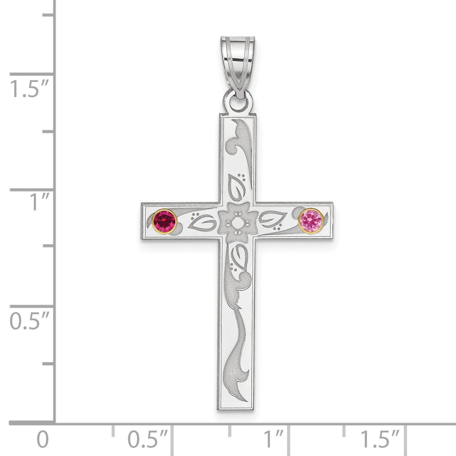 Sterling Silver Rh-Plt/14K Bezel Crystal Family Cross Pendant