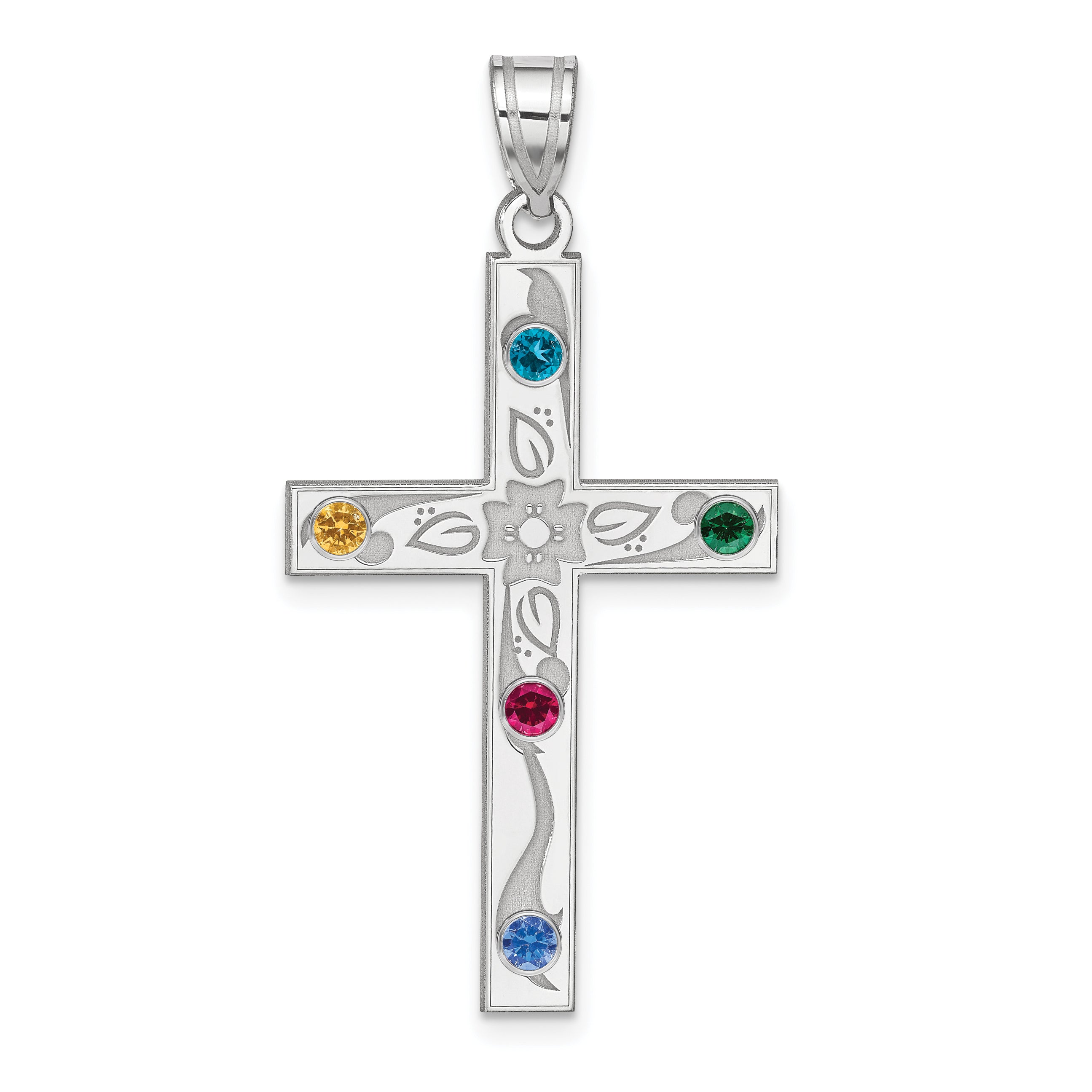 Sterling Silver Rh-Plt Crystal Family Cross Pendant