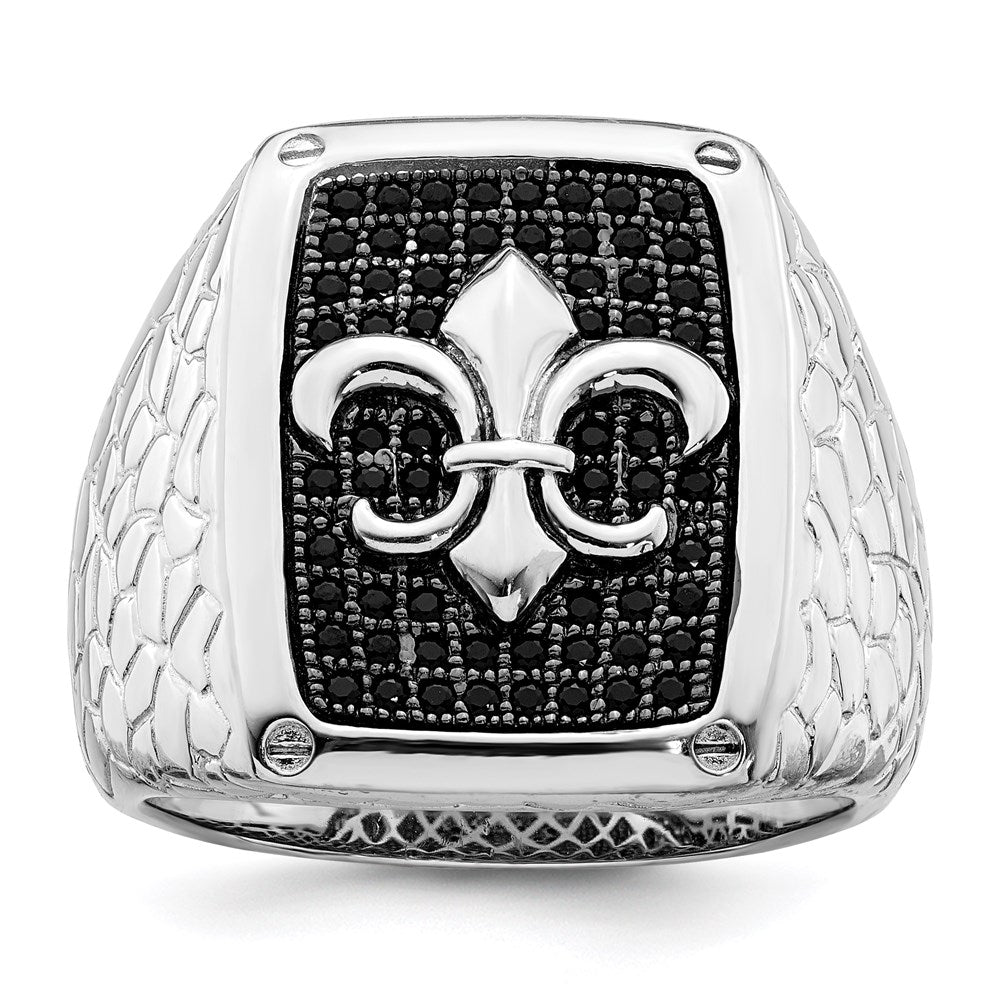 Sterling Silver Brilliant Embers Rhodium-Plated 62 Stone Black Micro Pav Cz Fleur De Lis Men'S Ring
