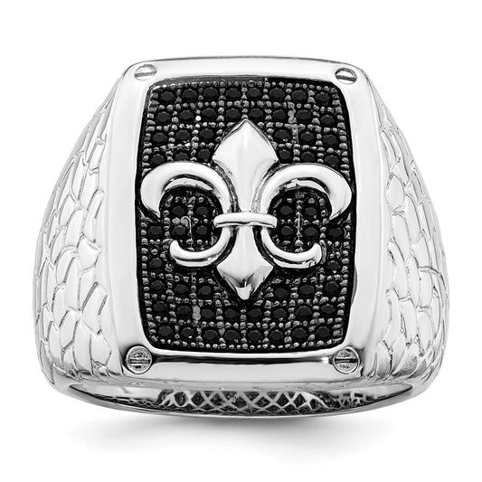 Sterling Silver Brilliant Embers Rhodium-Plated 62 Stone Black Micro Pav Cz Fleur De Lis Men'S Ring
