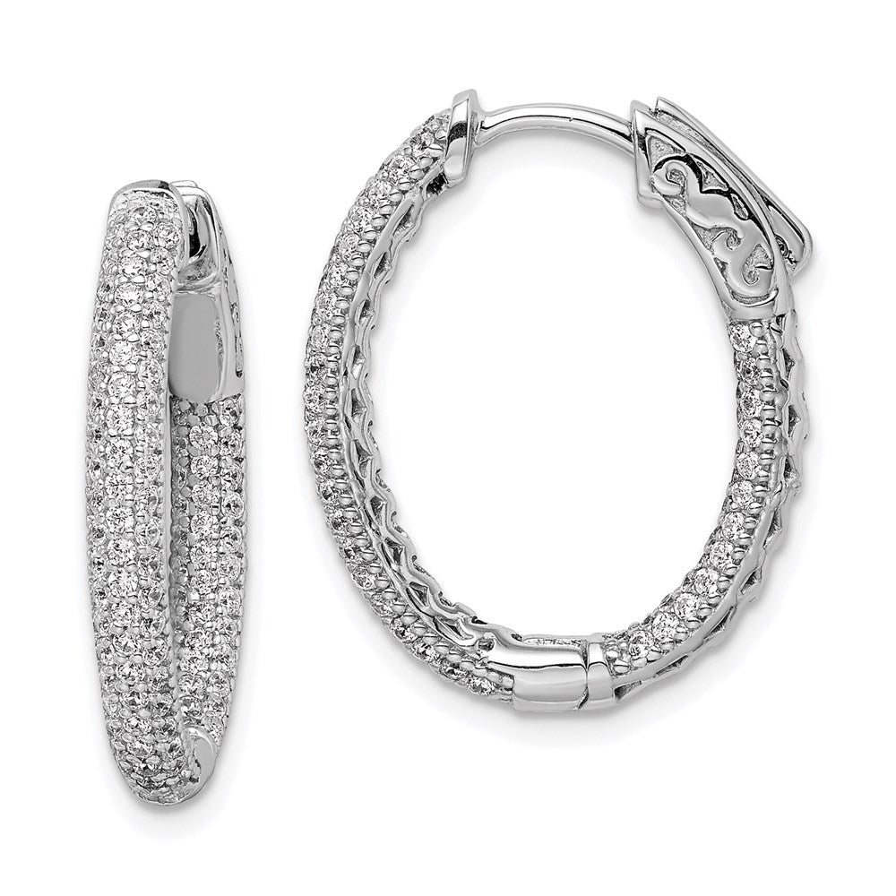 Sterling Silver Shimmer Rhodium-Plated 200 Stone Pav 1.1mm Cz In And Out Oval Hinged Hoop Earrings