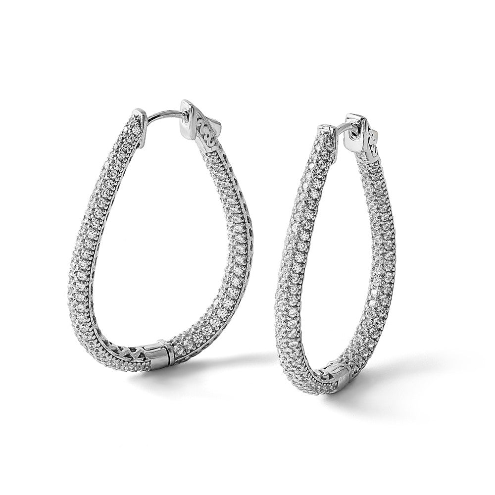 Sterling Silver Shimmer Rhodium-Plated 308 Stone Pav 1.2mm-1.5mm Cz In And Out Teardrop Hinged Hoop Earrings