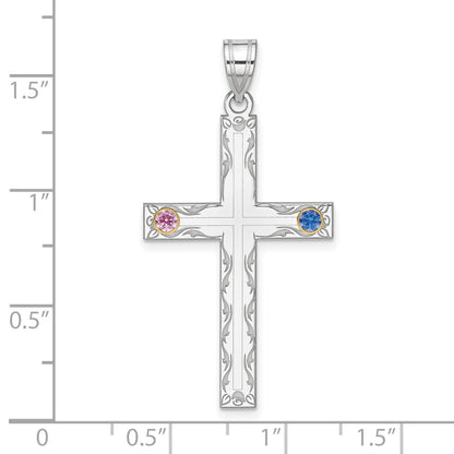 Sterling Silver Rh-Plt/14K Bezel Crystal Family Cross Pendant