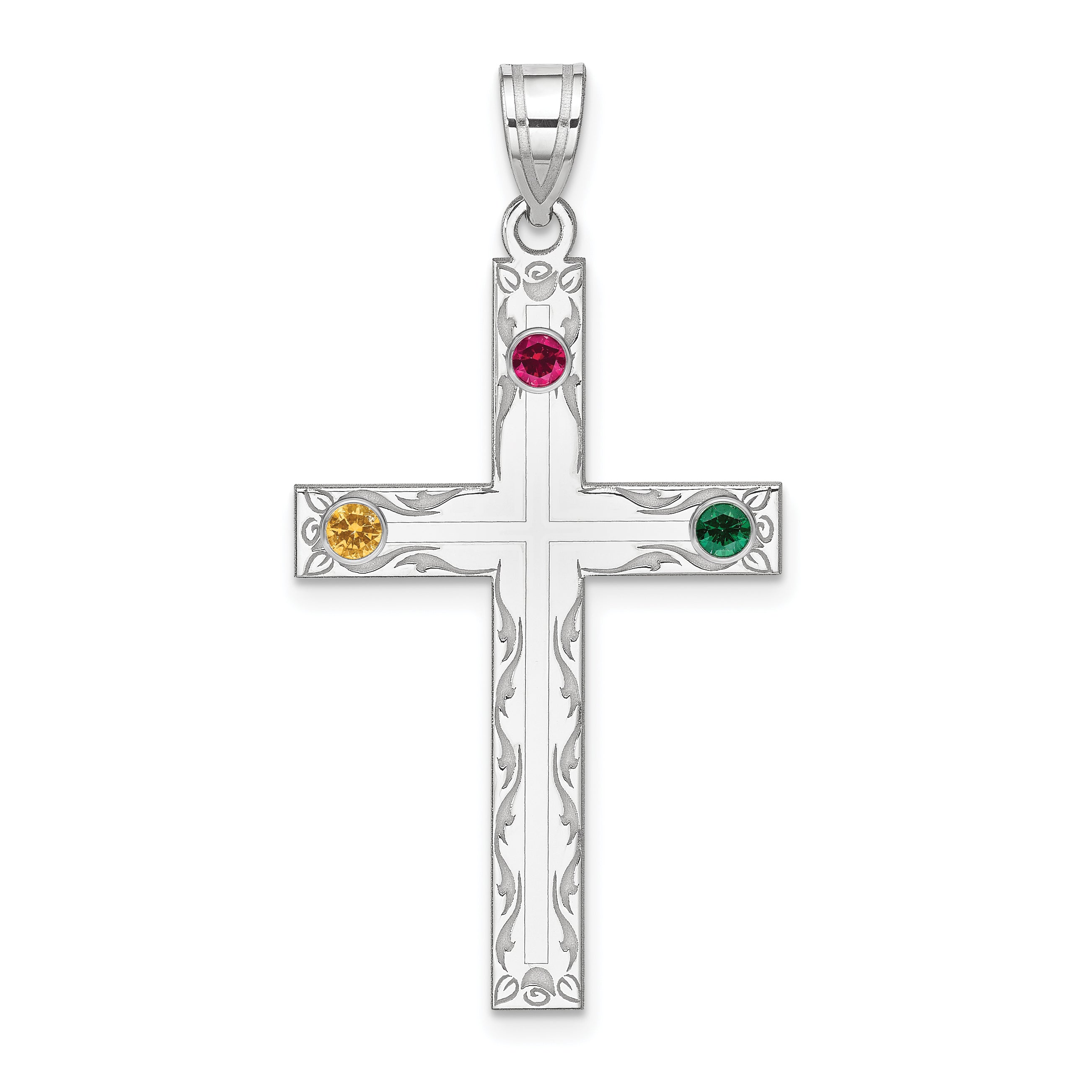 Sterling Silver Rh-Plt Crystal Family Cross Pendant