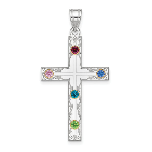 Sterling Silver Rh-Plt/14K Bezel Crystal Family Cross Pendant