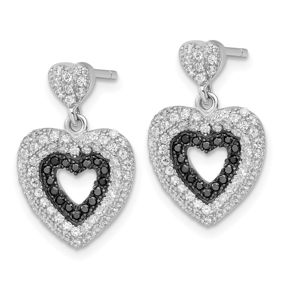 Sterling Silver Black & Clear Cz True Fire Heart Dangle Post Earrings