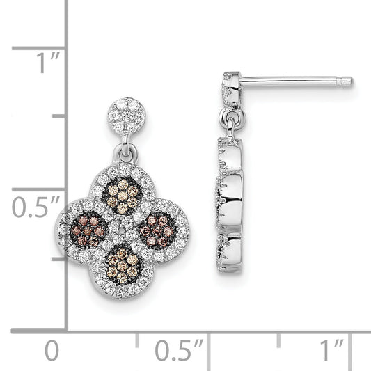 Sterling Silver Brilliant Embers Rhodium-Plated 150 Stone Micro Pav Champagne And White Cz Flower Dangle Post Earrings