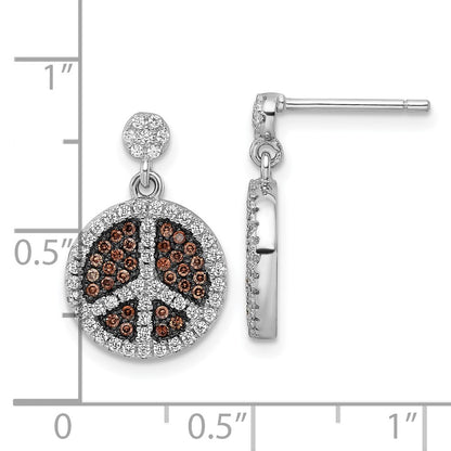 Sterling Silver Brown & Clear Cz True Fire Peace Sign Dangle Earrings