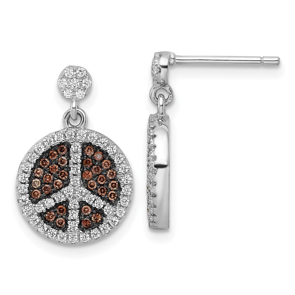 Sterling Silver Brown & Clear Cz True Fire Peace Sign Dangle Earrings