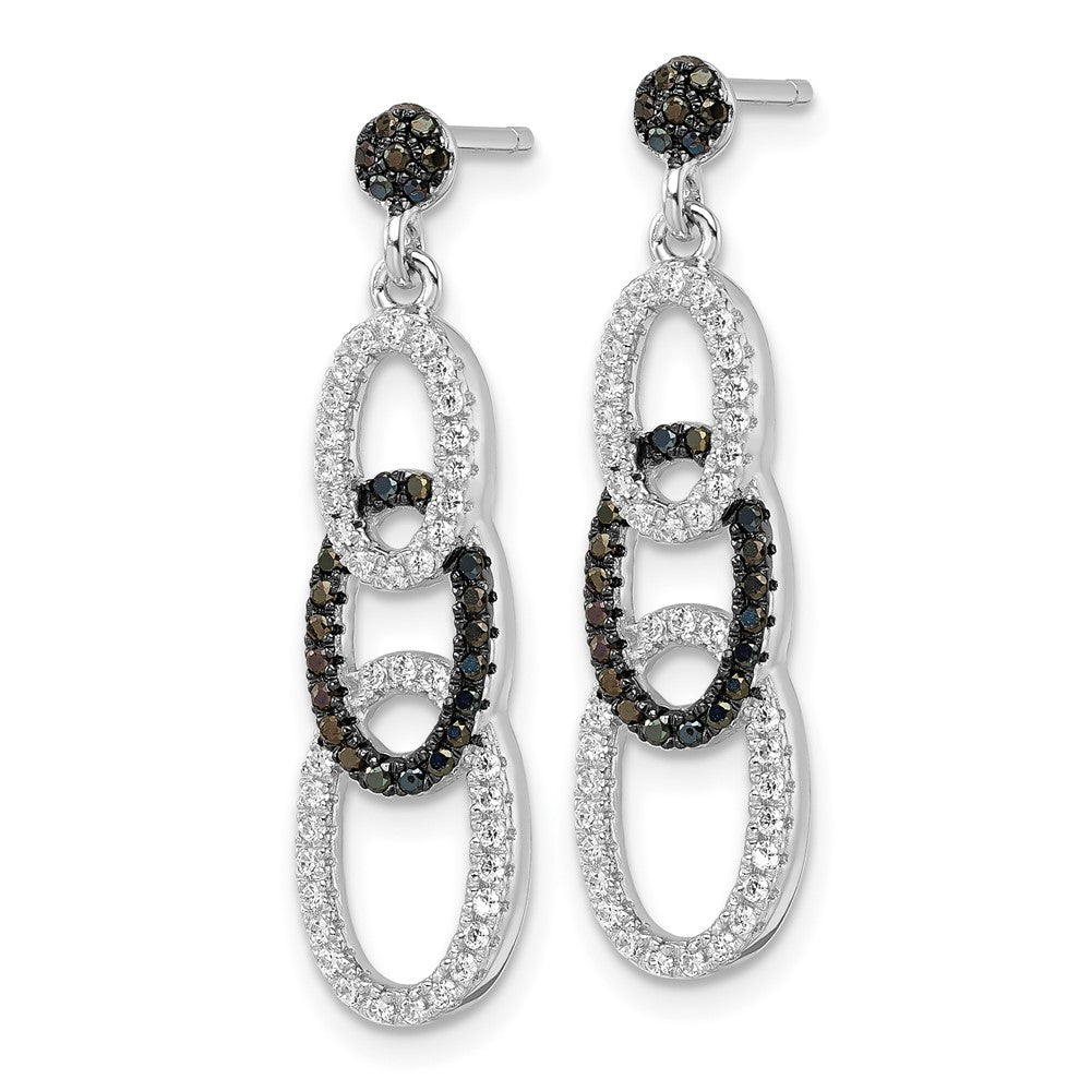 Sterling Silver Black & Clear Cz True Fire Oval Dangle Post Earrings