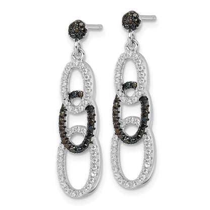 Sterling Silver Black & Clear Cz True Fire Oval Dangle Post Earrings