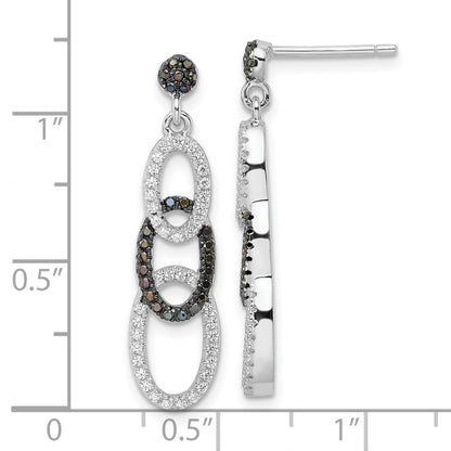 Sterling Silver Black & Clear Cz True Fire Oval Dangle Post Earrings