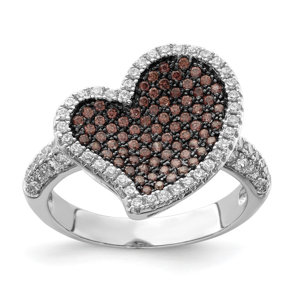 Sterling Silver Brown & Clear Cz Brilliant Embers Heart Ring