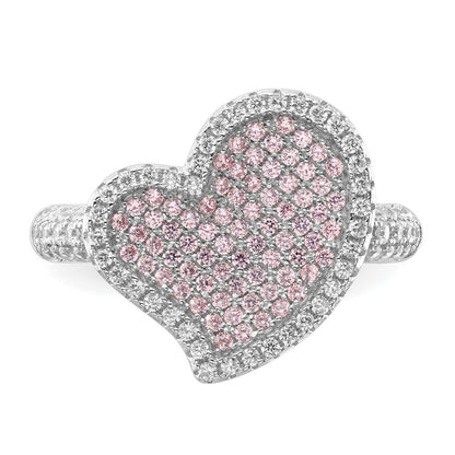 Sterling Silver Pink & Clear Cz Brilliant Embers Heart Ring