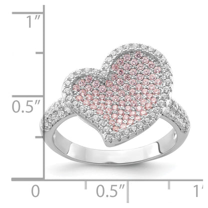 Sterling Silver Pink & Clear Cz Brilliant Embers Heart Ring