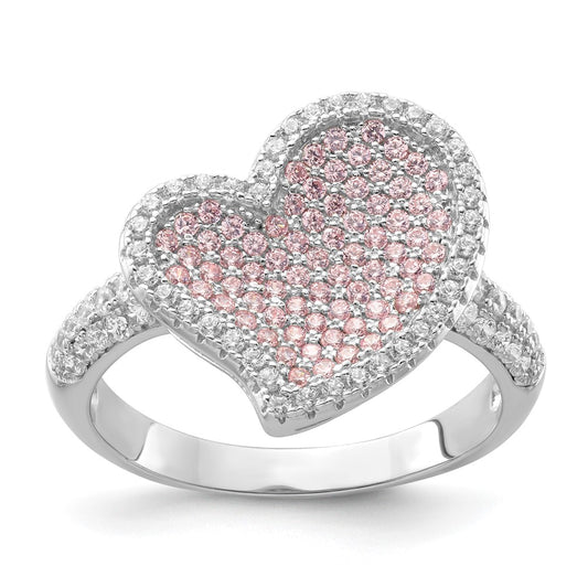 Sterling Silver Pink & Clear Cz Brilliant Embers Heart Ring