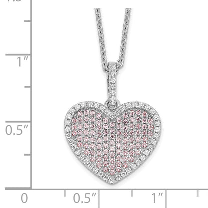 Sterling Silver Brilliant Embers Rhodium Plated 142 Stone 18 Inch White And Pink Cz Heart Necklace With 2 Extender
