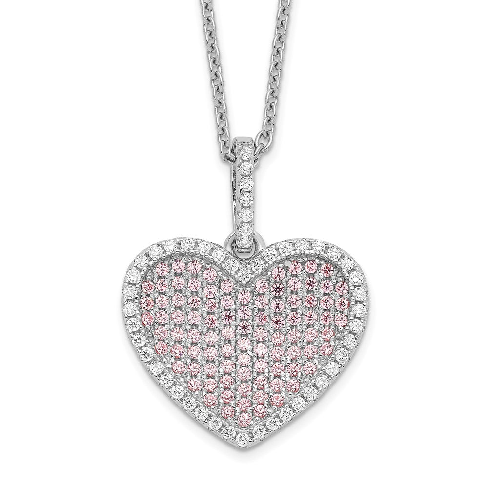 Sterling Silver Brilliant Embers Rhodium Plated 142 Stone 18 Inch White And Pink Cz Heart Necklace With 2 Extender