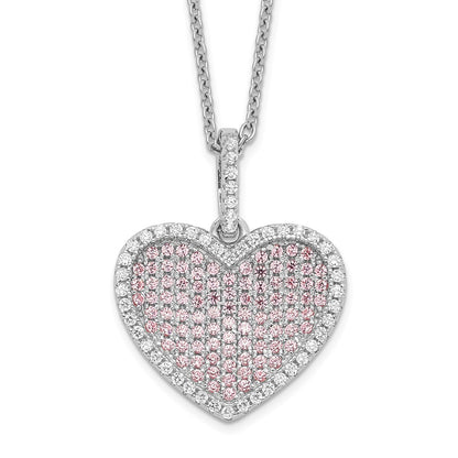Sterling Silver Brilliant Embers Rhodium Plated 142 Stone 18 Inch White And Pink Cz Heart Necklace With 2 Extender