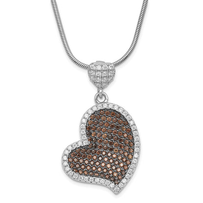 Sterling Silver True Fire Brown & White Cz Heart W/ 2In Ext Necklace