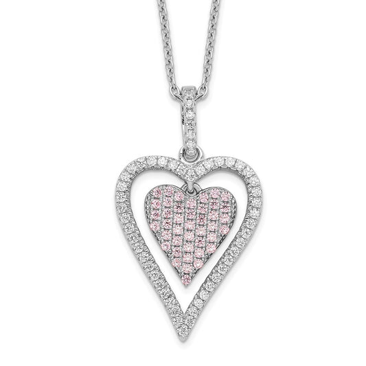 Sterling Silver Brilliant Embers Rhodium Plated 95 Stone 18 Inch Micro Pav‚Äö White And Pink Cz Heart Necklace With 2 Extender