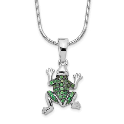 Sterling Silver Brilliant Embers Rhodium Plated 34 Stone 18 Inch Micro Pav‚Äö Green Cz Frog Necklace With 2 Extender
