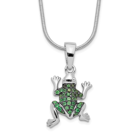 Sterling Silver Brilliant Embers Rhodium Plated 34 Stone 18 Inch Micro Pav‚Äö Green Cz Frog Necklace With 2 Extender