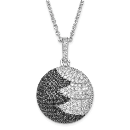 Sterling Silver True Fire Black & White Cz Circle W/ 2In Ext Necklace