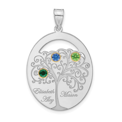 Sterling Silver Silver/Rhod Plated 3 Birthstone With 14K Bezel Family Pendant